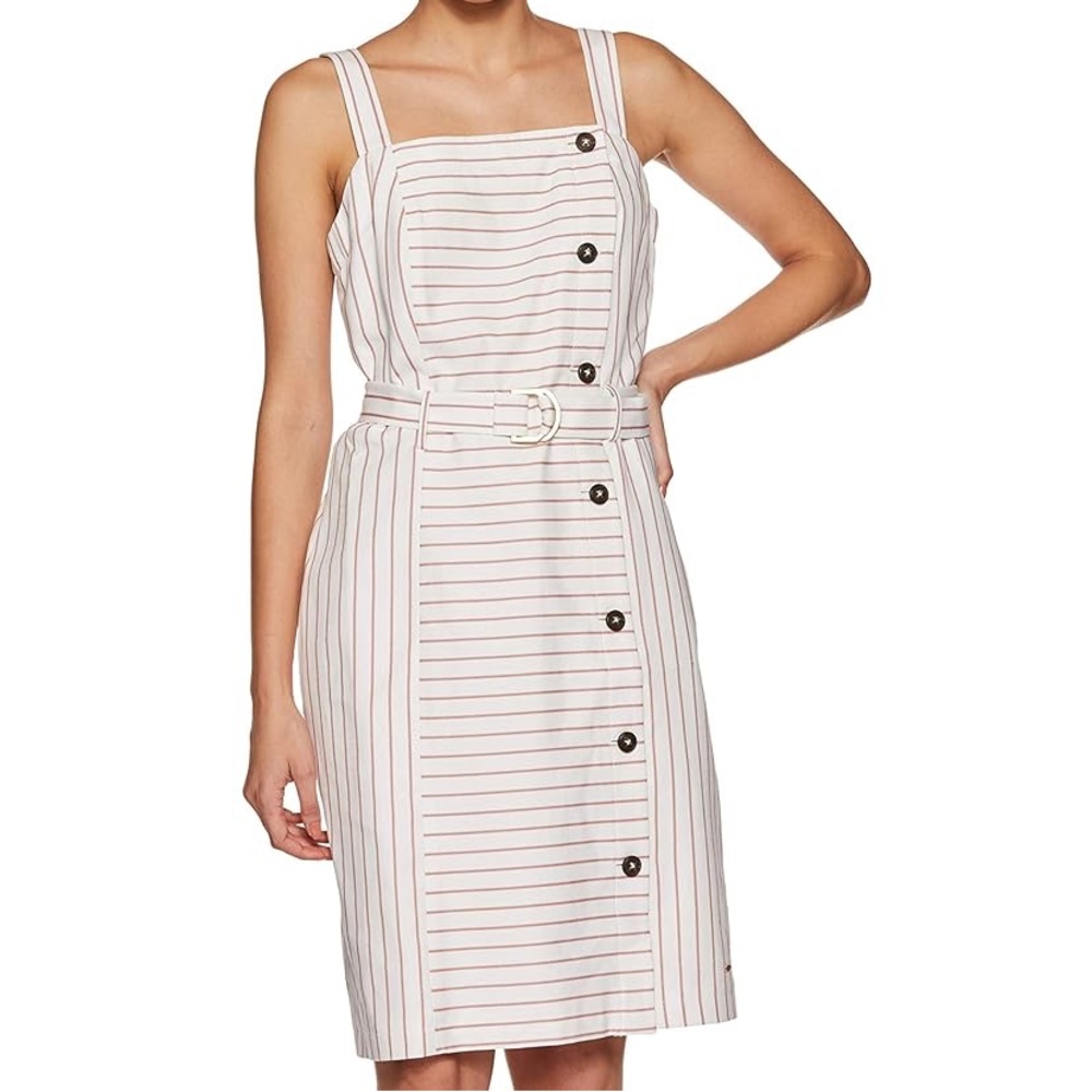Tommy Hilfiger White and Red Striped Belted Button Down Dress